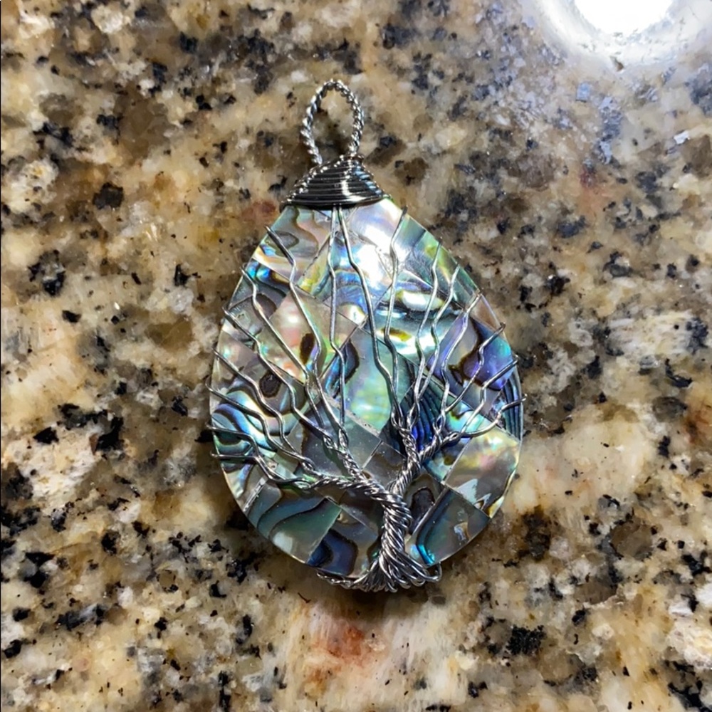Wire Wrapped Tree of Life Mosaic Pearl Pendant
